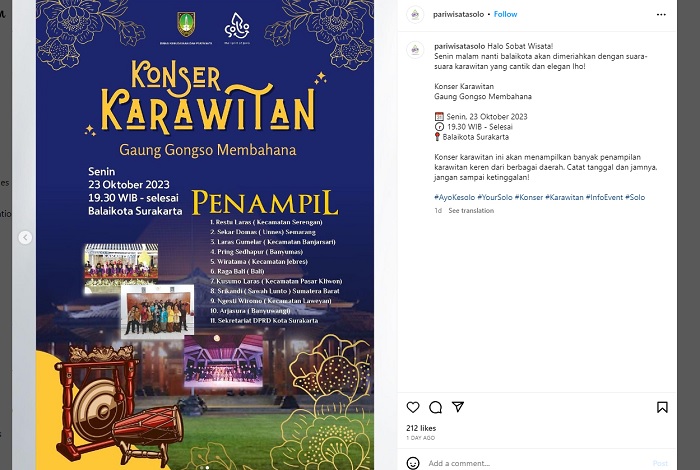 Senin (23/10/2023) malam nanti Balai Kota Solo akan dimeriahkan dengan Konser Karawitan bertajuk Gaung Gongso Membahana.