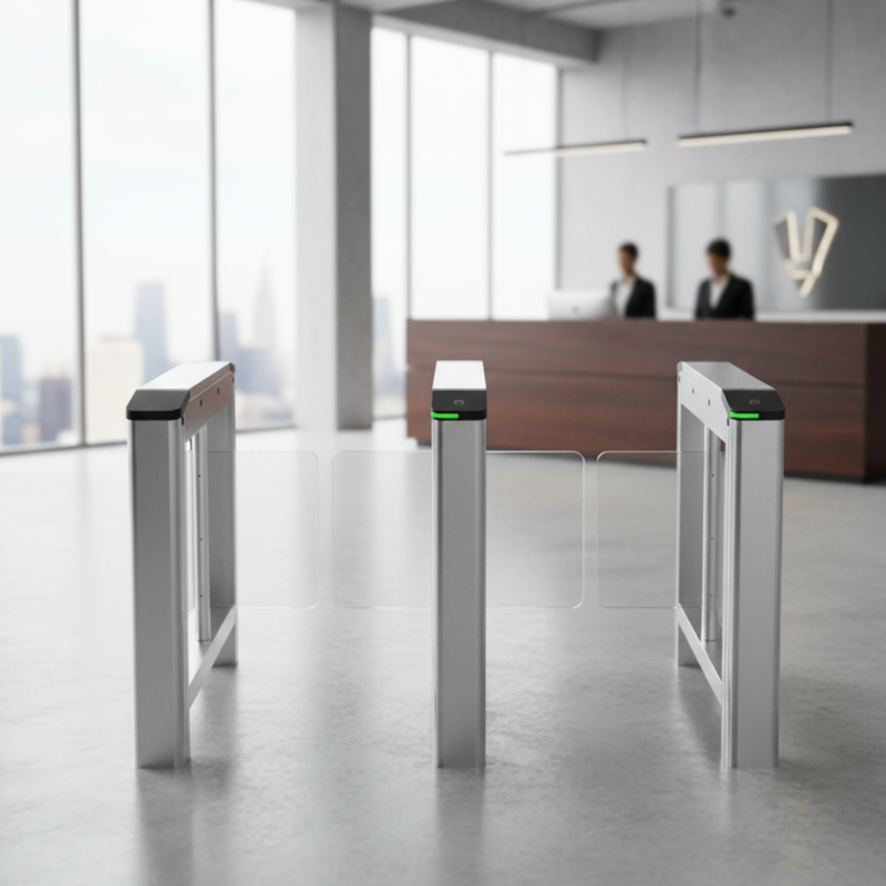 Catraca Swing Hikvision em uma recepção de empresa