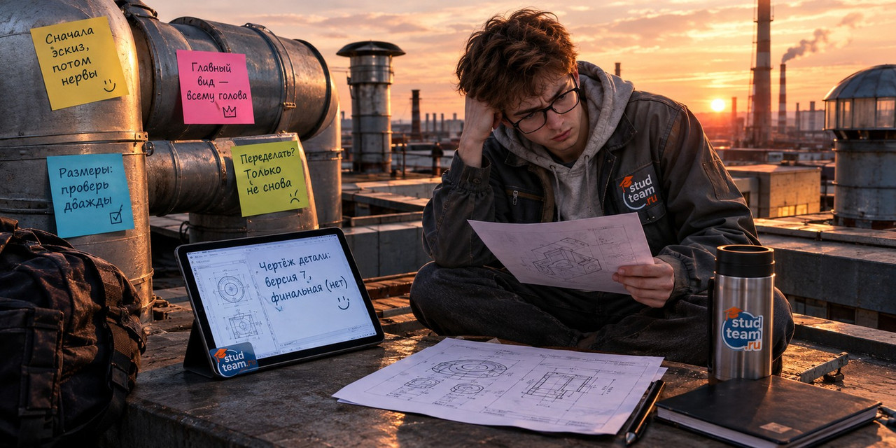 a young male student sitting on the roof of an industrial workshop