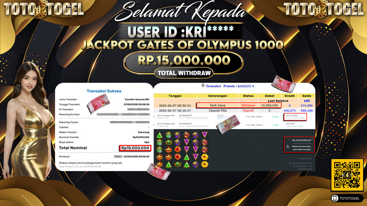 Bukti Pembayaran Jackpot Permainan Slot Gates Of Olympus 1000 ID:KRI*****LUNAS