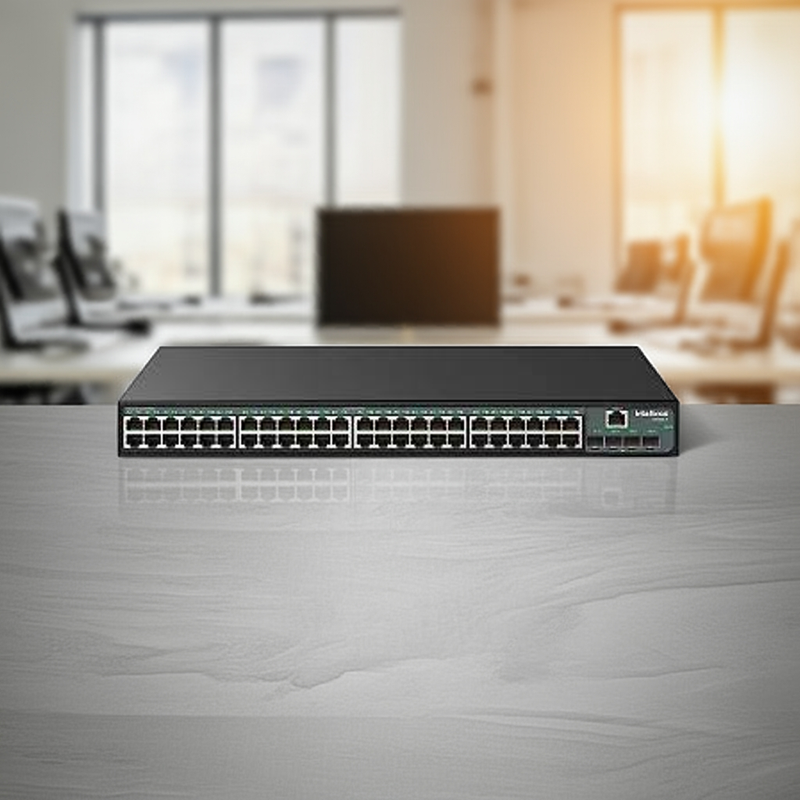 Vista superior do Switch Intelbras S2352G-A, mostrando o design para rack e a organização das portas.