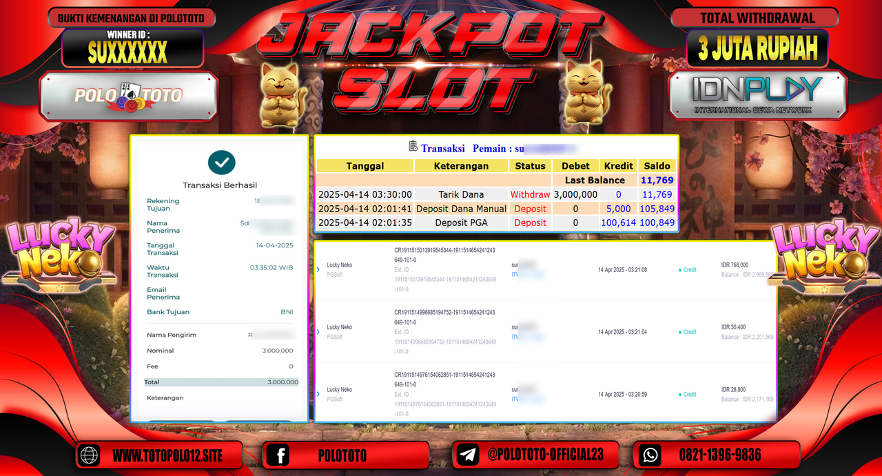 POLOTOTO JACKPOT SLOT LUCKY NEKO  Rp.3.000.000,-
