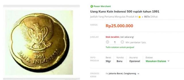Uang <a href='https://kaltim.tribunnews.com/tag/koin' title='koin'>koin</a> Rp 500 keluaran 1991 gambar bunga