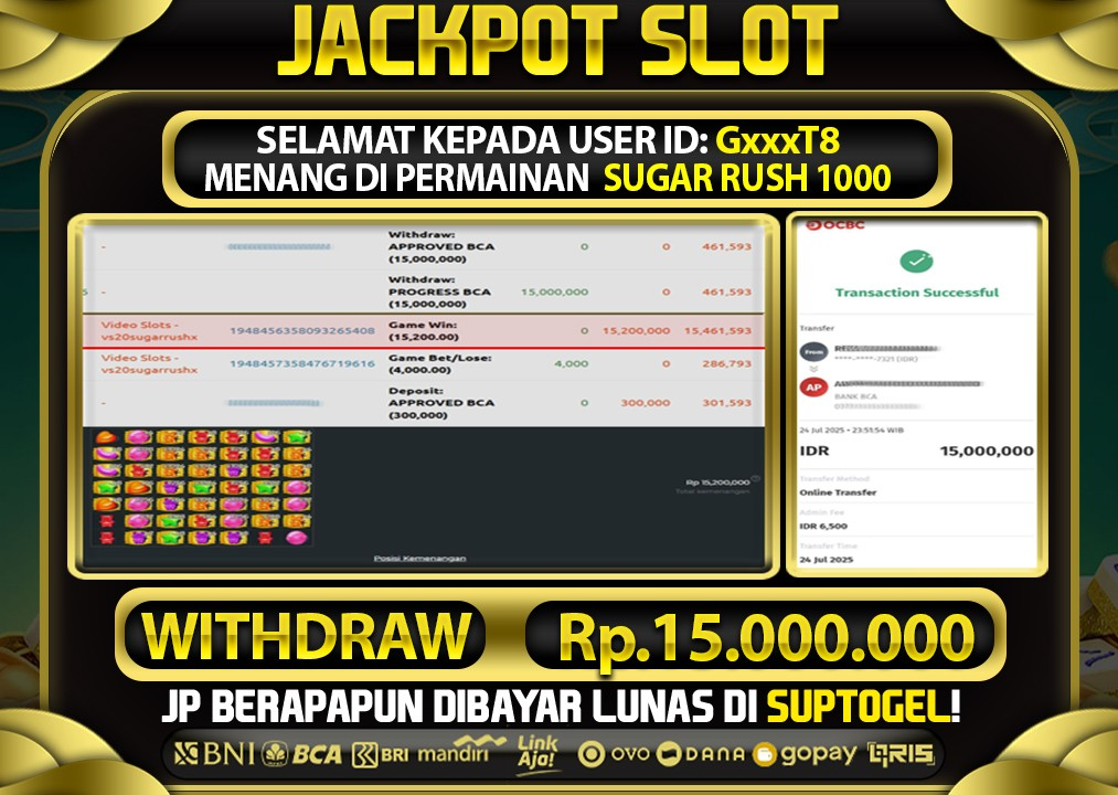  BUKTI KEMENANGAN 24 JULY 2025 MENANG DI PERMAINAN SUGAR RUSH 1000  TOTAL WD 15 JUTA