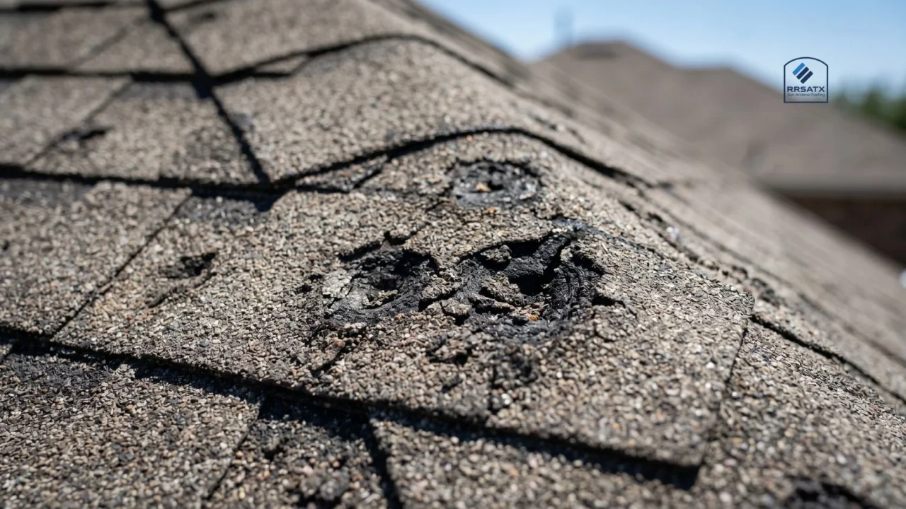 Hail damage impact marks on roof shingles San Antonio