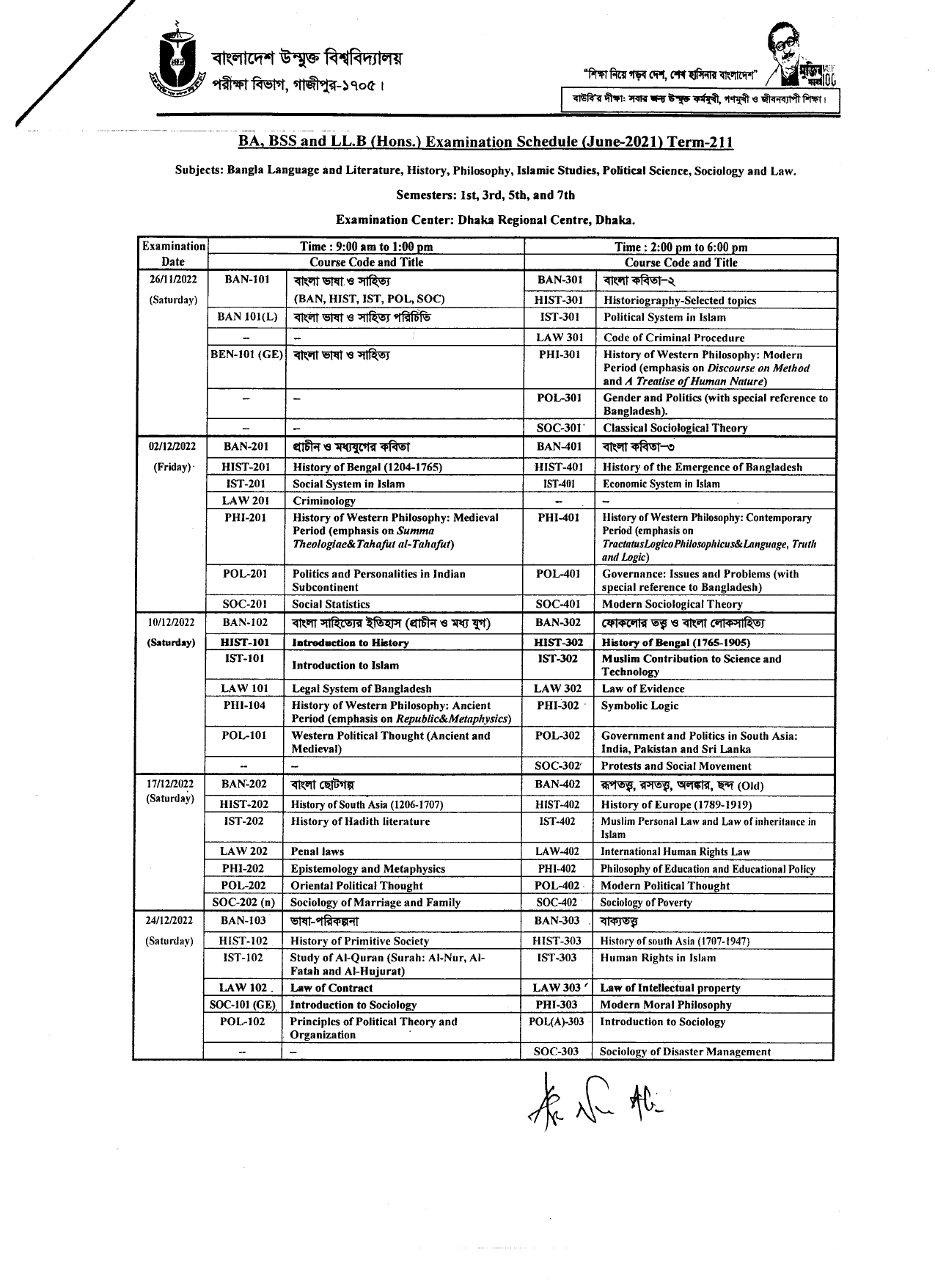 BOU BA BSS & LLB (Hon's) Exam Routine