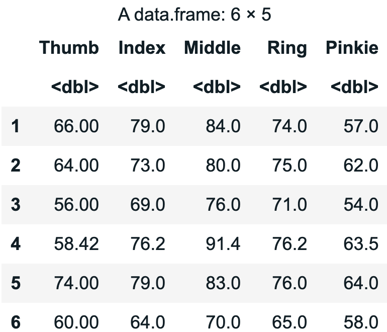 output of head showing Fingers_subset