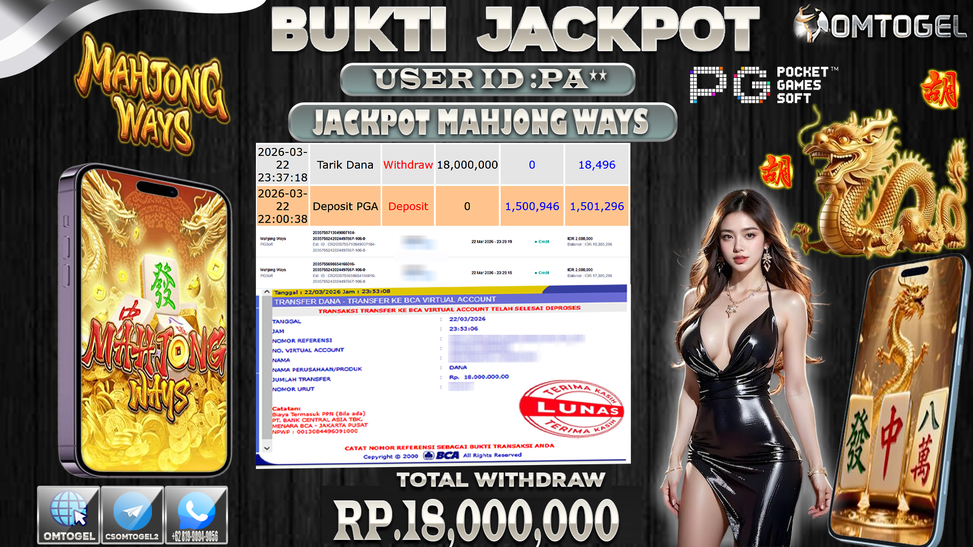 OMTOGEL JACKPOT PG SOFT MAHJONG WAYS, 18 JUTA DI BAYAR LUNAS ,-