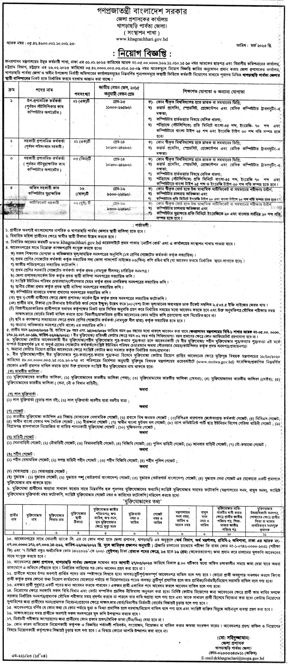 Khagrachhari DC Office Job Circular 2023