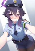 depth of field, 1girl, , haruka (blue archive), {{{{police uniform}}}}, blue arc s-2194336329