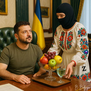 An FSB agent in Ukrainian traditional dress and a balaclava offers Zelensky poisoned fruit and drinks.