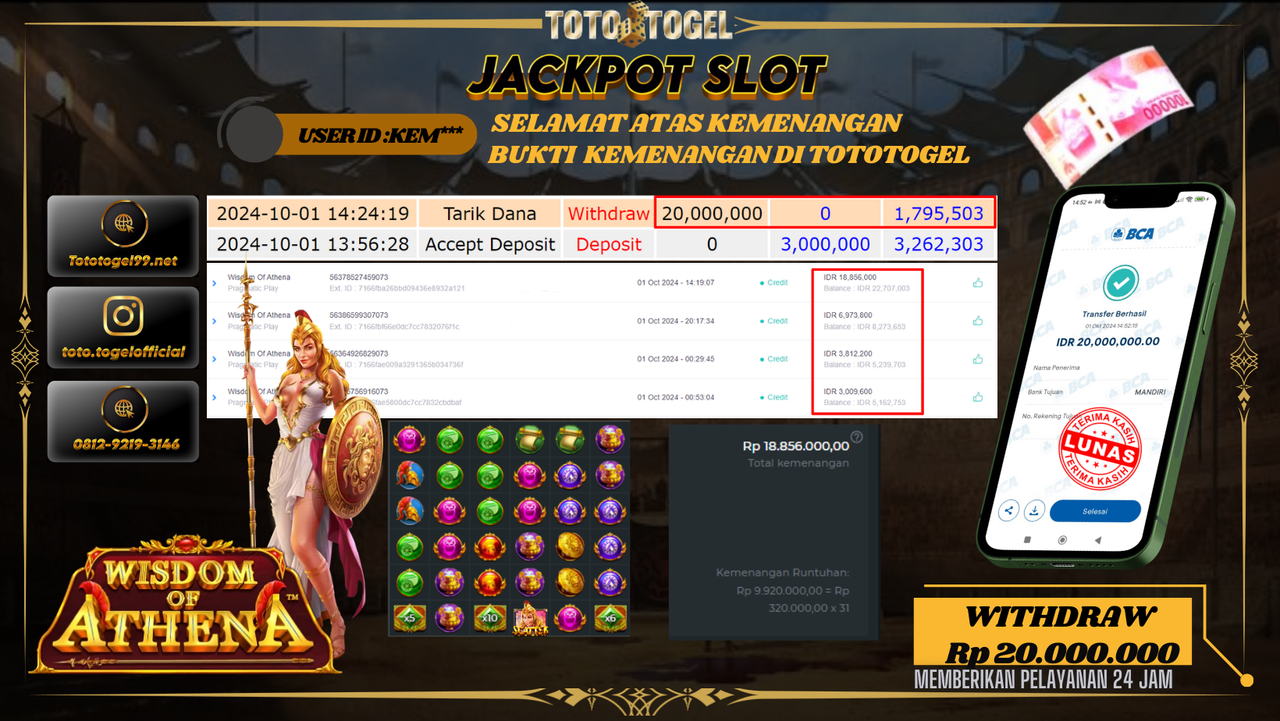 Bukti Kemenangan Permainan Slot Wisdom Of Athena ID : KEM** Terbayar Lunas!!