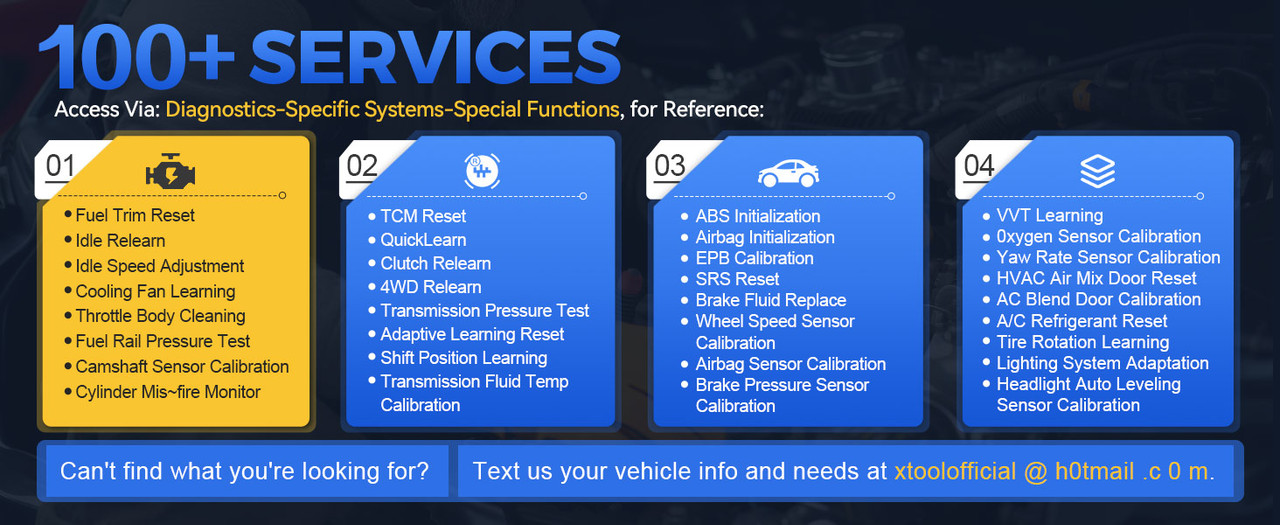 100+ special reset and calibration services for XTOOL automotive scanner