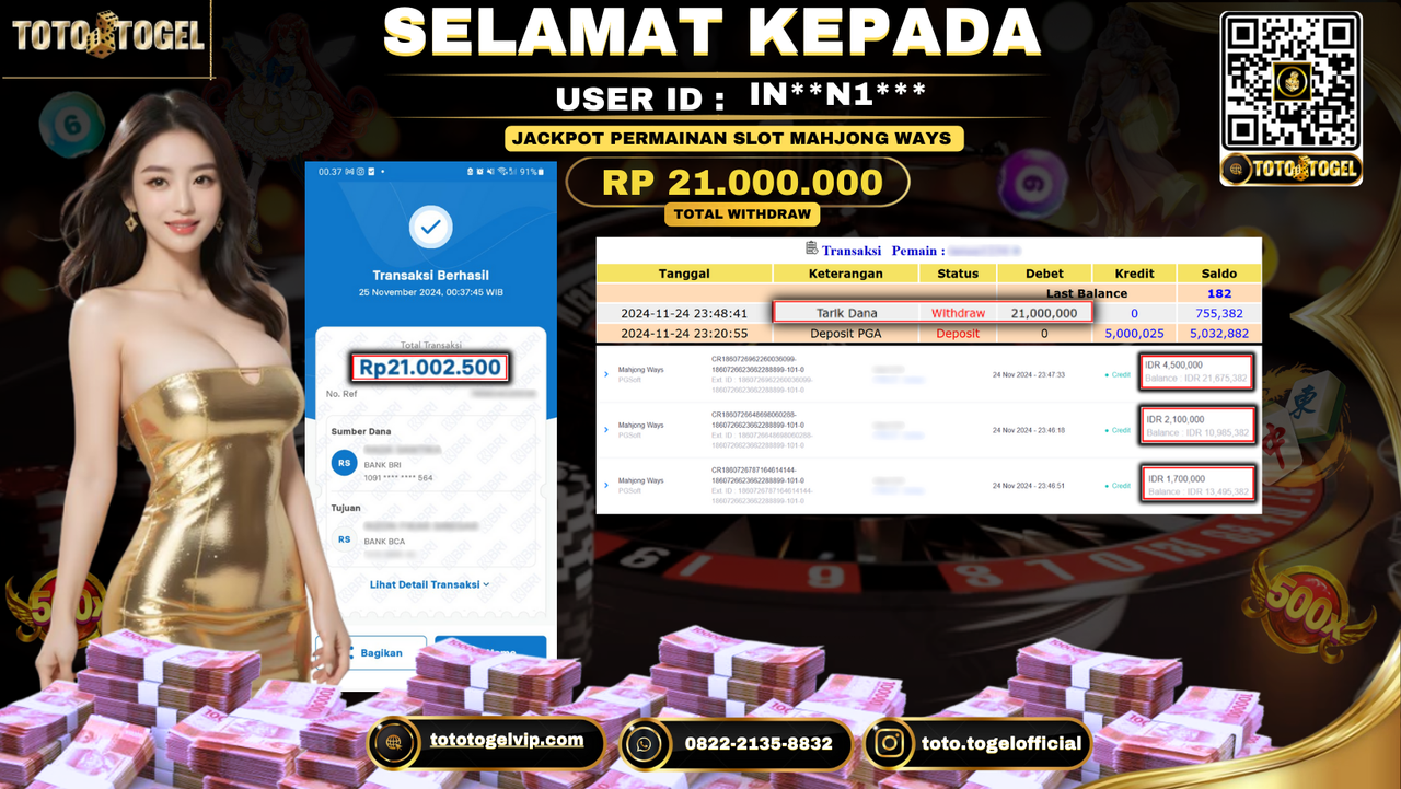 Bukti Pembayaran Jackpot Permainan Slot Mahjong Ways  ID: IN**NI1*** LUNAS 