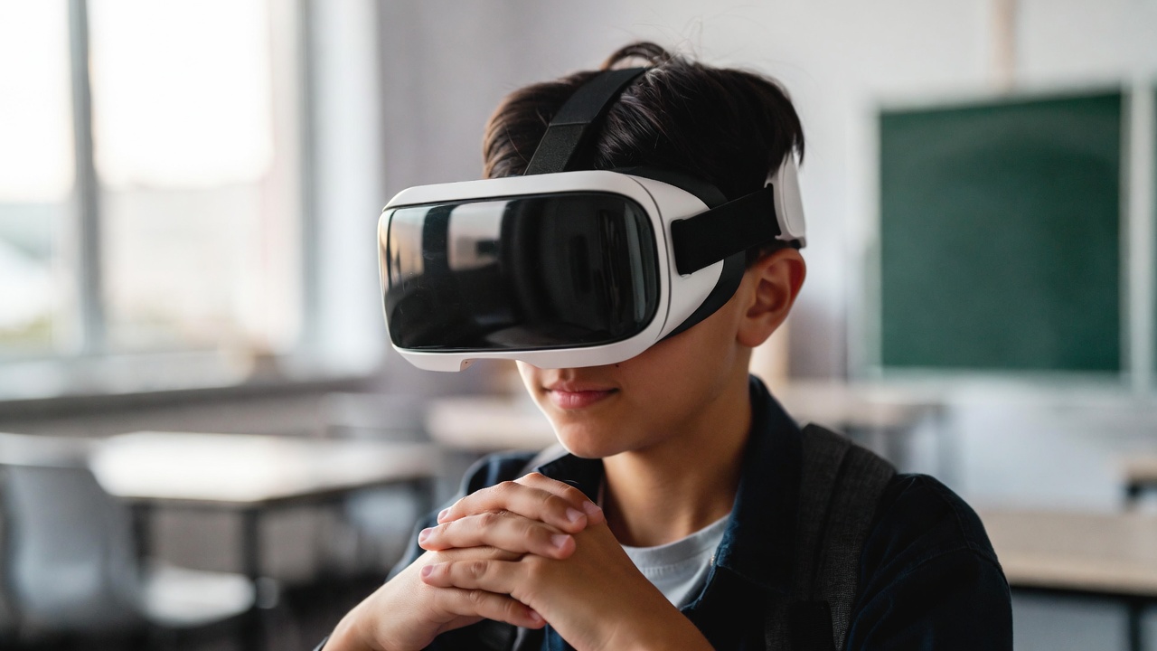 Student wearing VR headset for immersive metaverse learning experience
