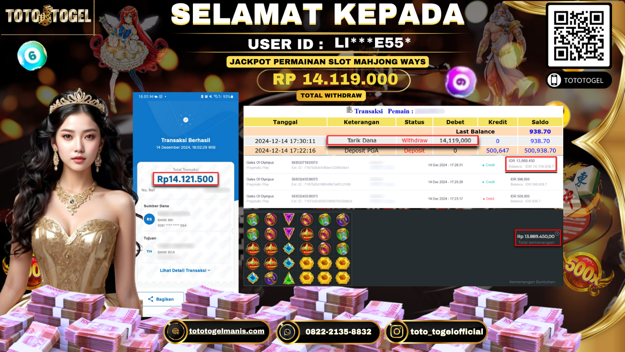 Bukti Pembayaran Jackpot Permainan Slot Mahjong Ways  ID: LI***E55* LUNAS