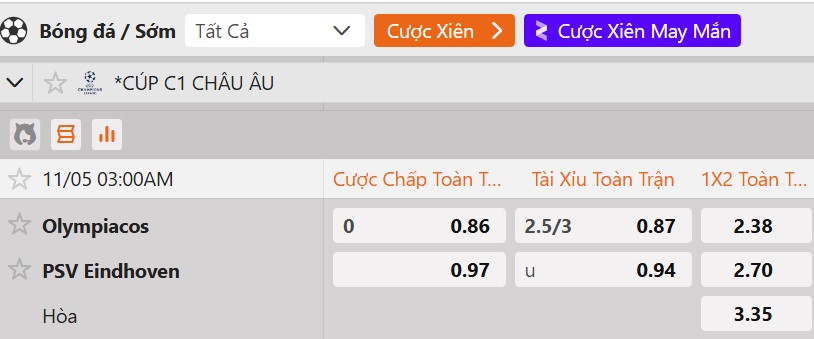 Tỷ lệ kèo Olympiakos vs PSV