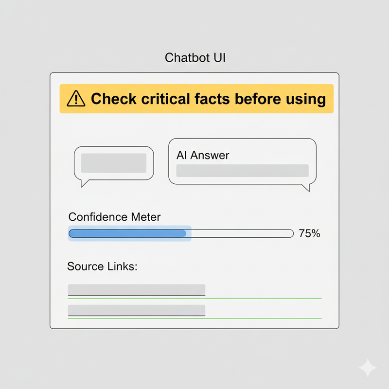 UX wireframe of a chatbot showing a confidence meter and fact-checking banner.