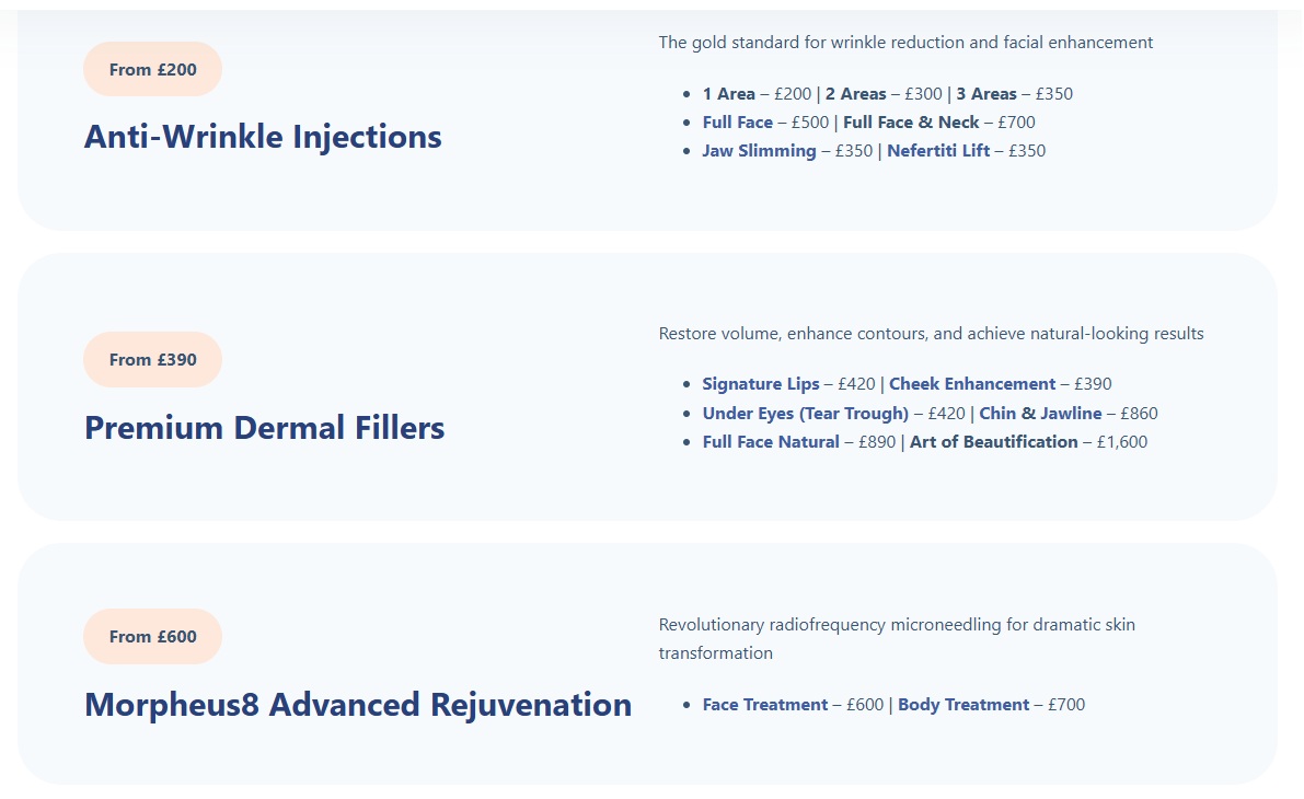 Sciencebeauty treatment pricing London with injectables fillers and Morpheus8 list.