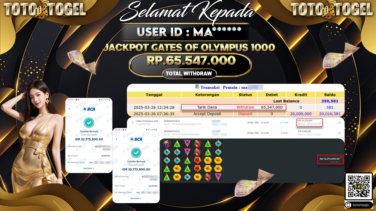 Bukti Pembayaran Jackpot  Permainan Slot Gates Of Olympus 1000 ID:MA*** LUNAS