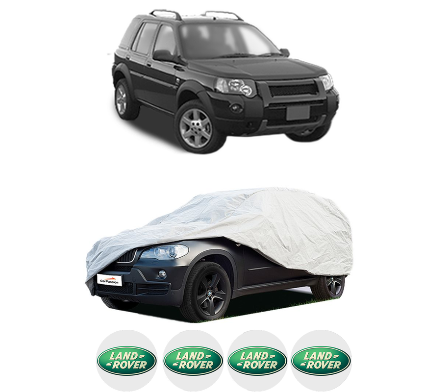 Husa tip prelata auto pentru LAND ROVER FREELANDER 2 (L359) din 2006-2014, Culoare Gri, material textil impermeabil, rezistanta la intemperii praf UV, CARPASSION Husa Protectie, 4 Stickere auto cu LAND ROVER