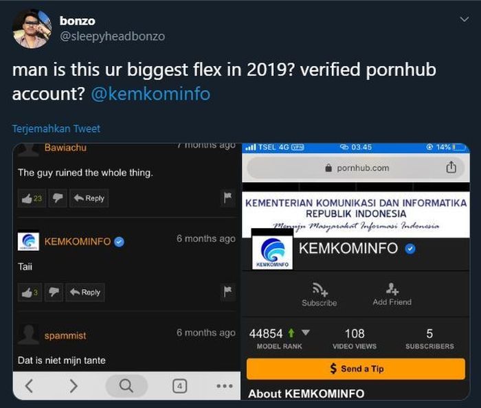 Heboh Akun Twitter Kominfo Muncul di Situs Pornohub, Begini Kalarifikasi Kementerian