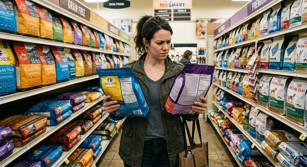 Dog owner comparing two bags of dog food in a pet store aisle