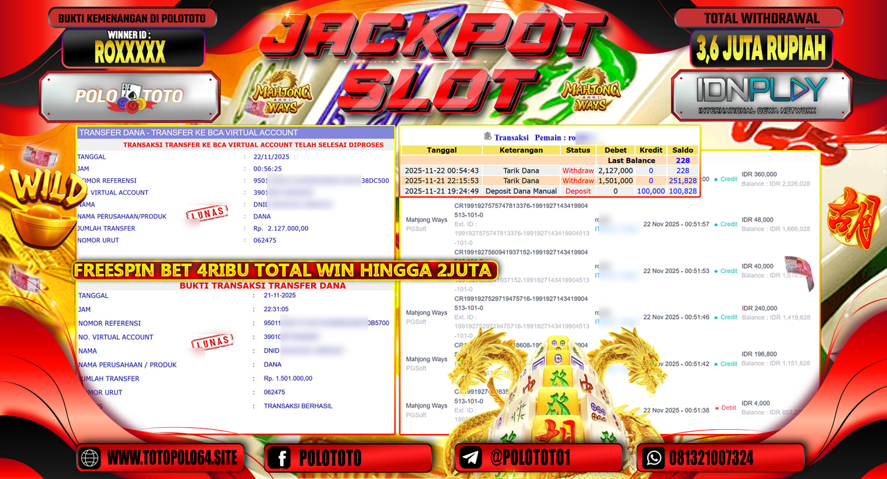 POLOTOTO JACKPOT SLOT MAHJONG WAYS Rp.3.600.000,- LUNAS
