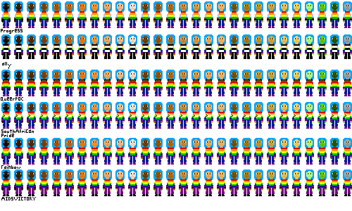 a row of people with pride flag shirts and dark cyan hair