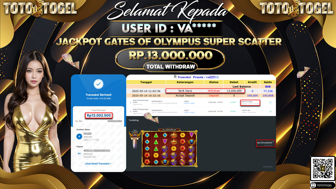 Bukti Pembayaran Jackpot  Permainan Slot Gates Of Olympus Super Scatter ID:VA***** LUNAS