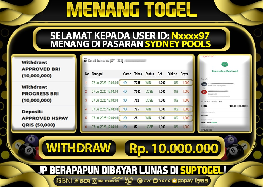  BUKTI KEMENANGAN 7 JULY 2025 MENANG DI PASARAN SYDNEY POOLS TOTAL WD 10 JUTA