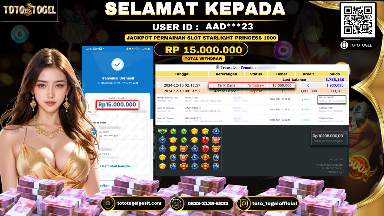 Bukti Pembayaran Jackpot Permainan Slot Starlight Princess 1000 ID: AAD***23 LUNAS