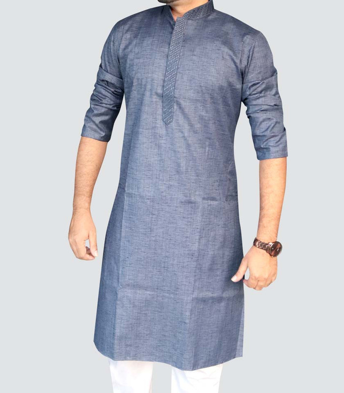 Men's Classic Collar Long Punjabi with Embroidered Placket color: Ash ...