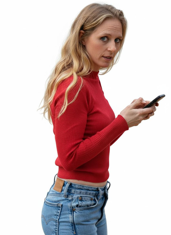 Linda Red Top Phone Beach Scene Cropped