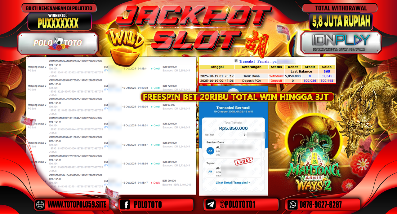 POLOTOTO JACKPOT SLOT MAHJONG WAYS 2 Rp.5.800.000,- LUNAS
