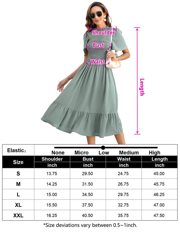 Women's Short Sleeve Ruffle A Line High Smocked Elastic Waist Flowy Long Dress - Picture 9 of 24