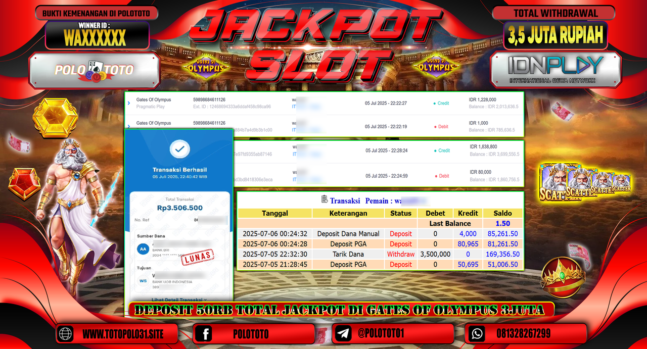 POLOTOTO JACKPOT SLOT GATES OF OLYMPUS Rp.3.500.000,-