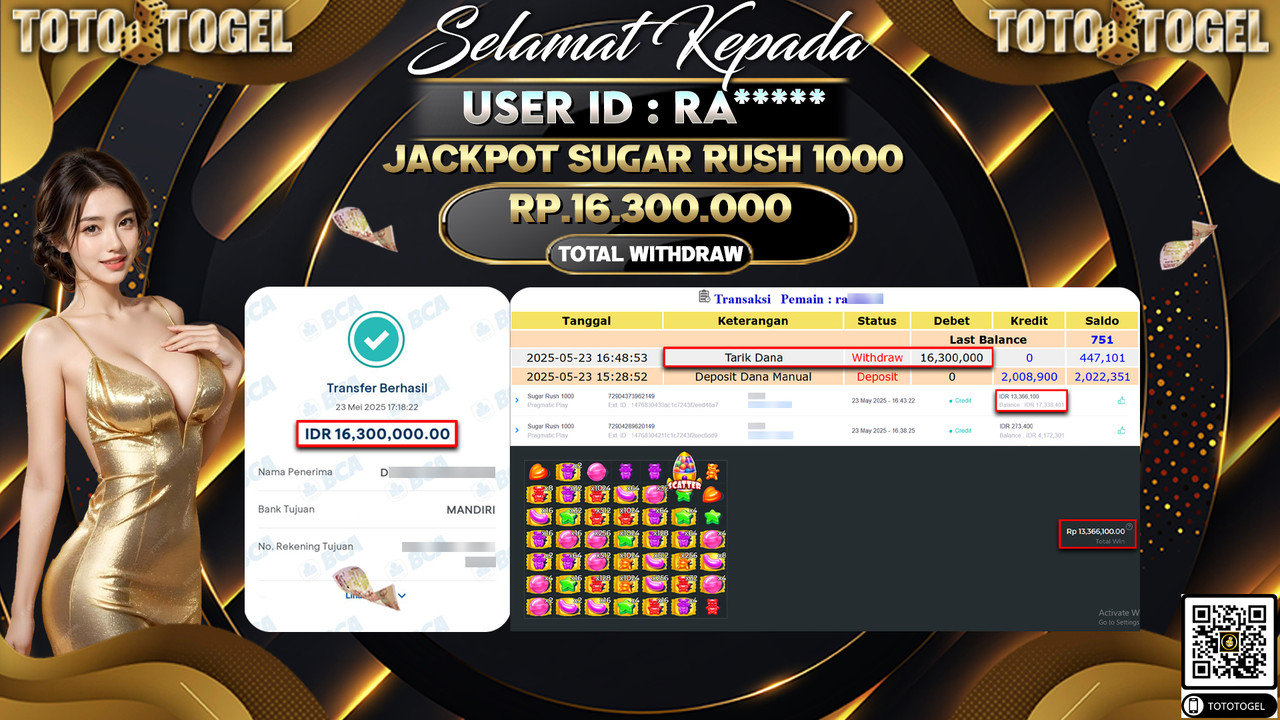 Bukti Pembayaran Jackpot Permainan Slot Sugar Rush 1000 ID:RA***** LUNAS