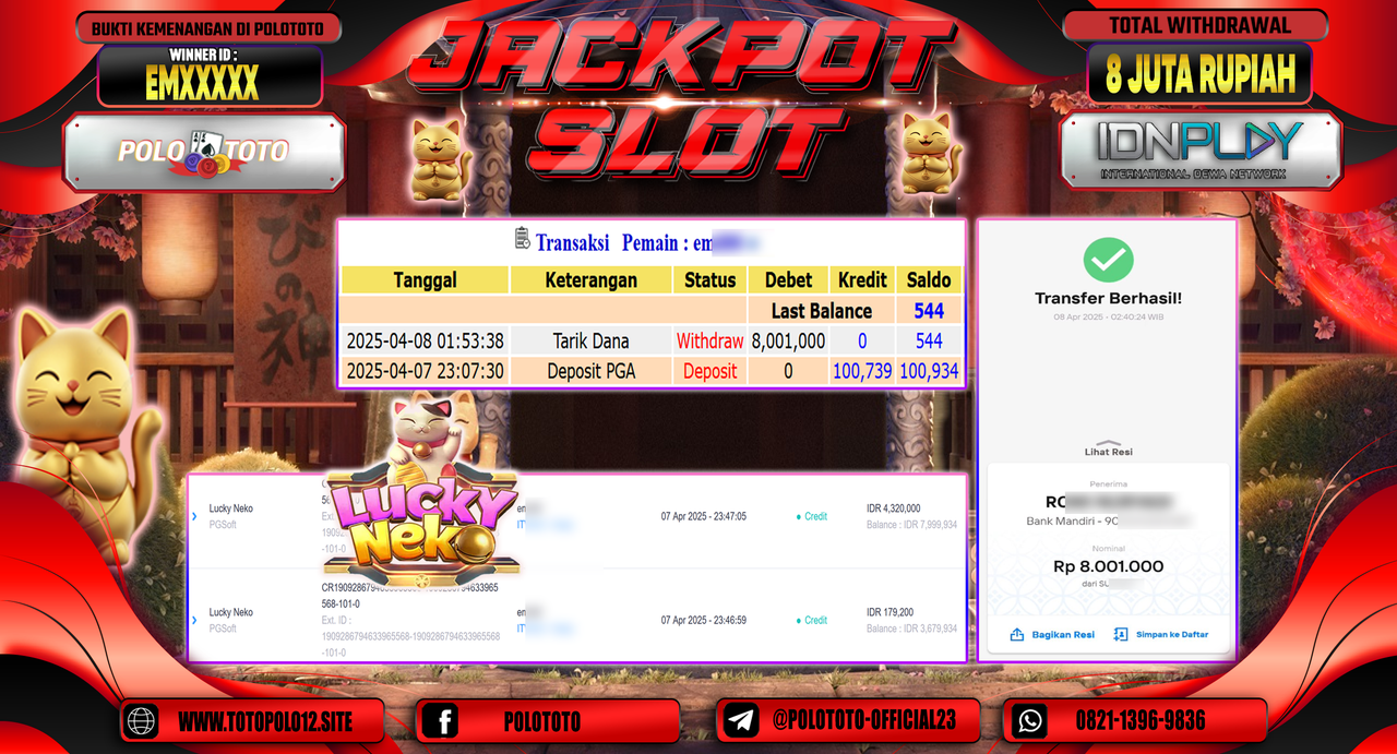 POLOTOTO JACKPOT SLOT LUCKY NEKO Rp.8.001.000,-