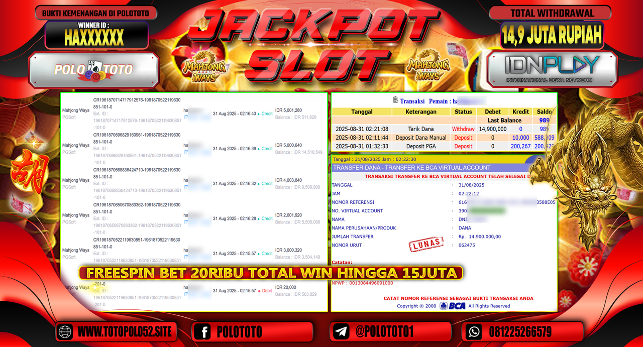 POLOTOTO JACKPOT SLOT MAHJONG WAYS Rp.14.900.000,-