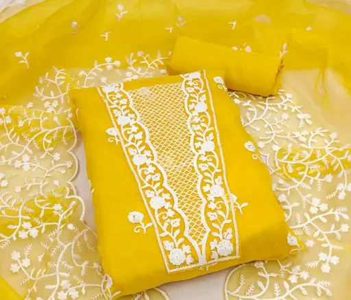 Women Yellow Embroidered Organza Suits & Dress Materials
(R117)