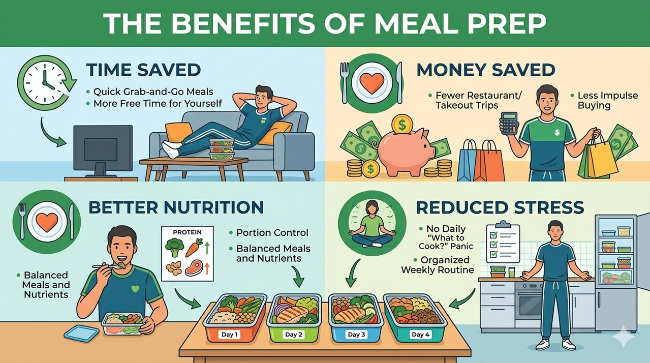 Infographic showing benefits of meal prep including time saved money saved better nutrition and reduced stress with icons