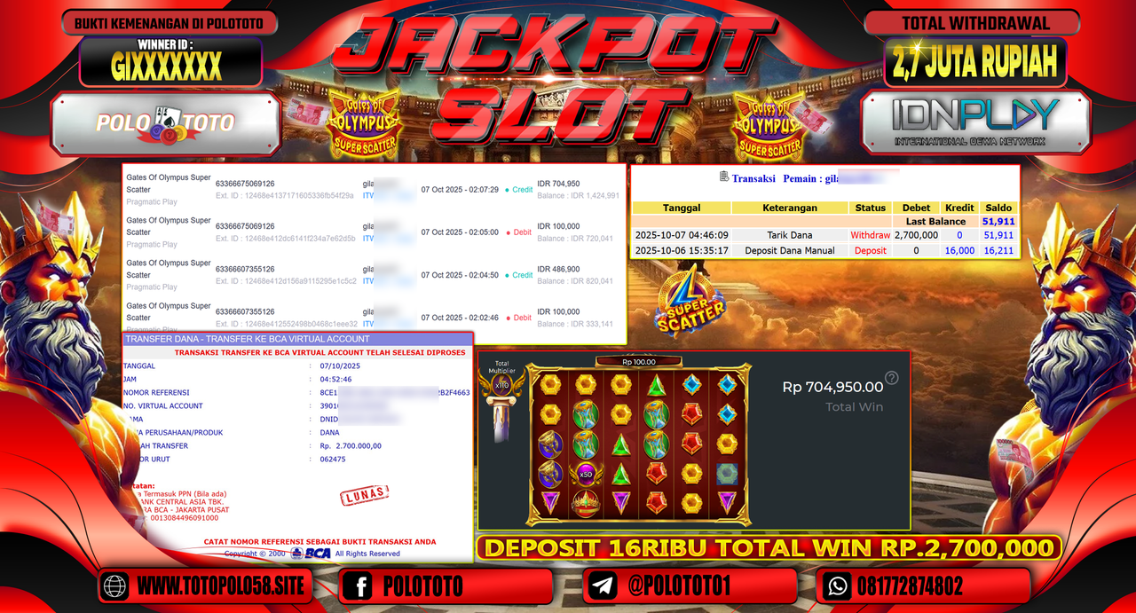 POLOTOTO JACKPOT SLOT GATES OF OLYMPUS SUPER SCATTER Rp.2.700.000,- LUNAS