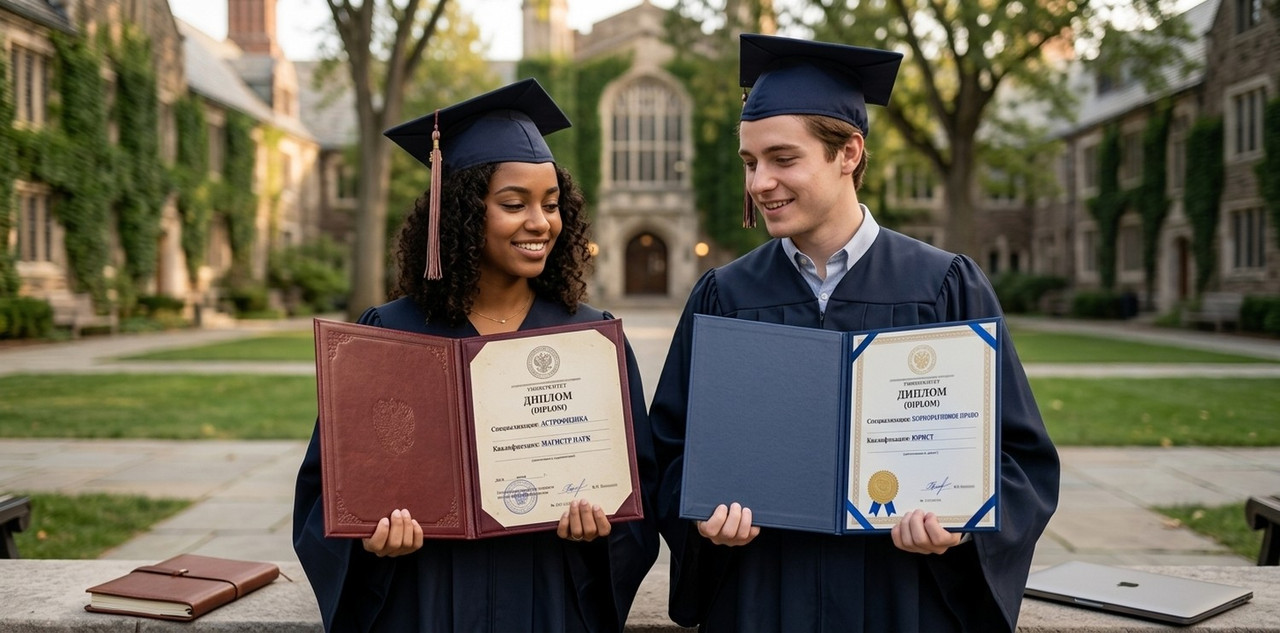 two graduates holding diplomas