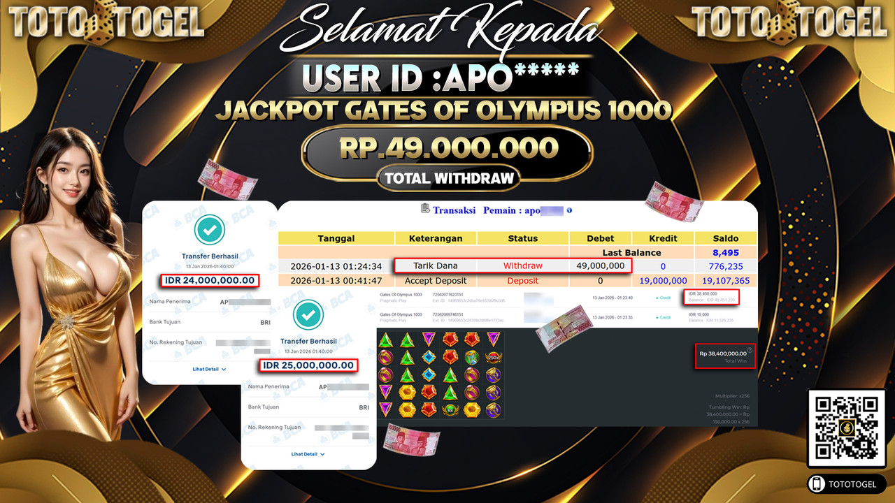 Bukti Pembayaran Jackpot Permainan Slot Gates Of Olympus 1000 ID:APO*****LUNAS