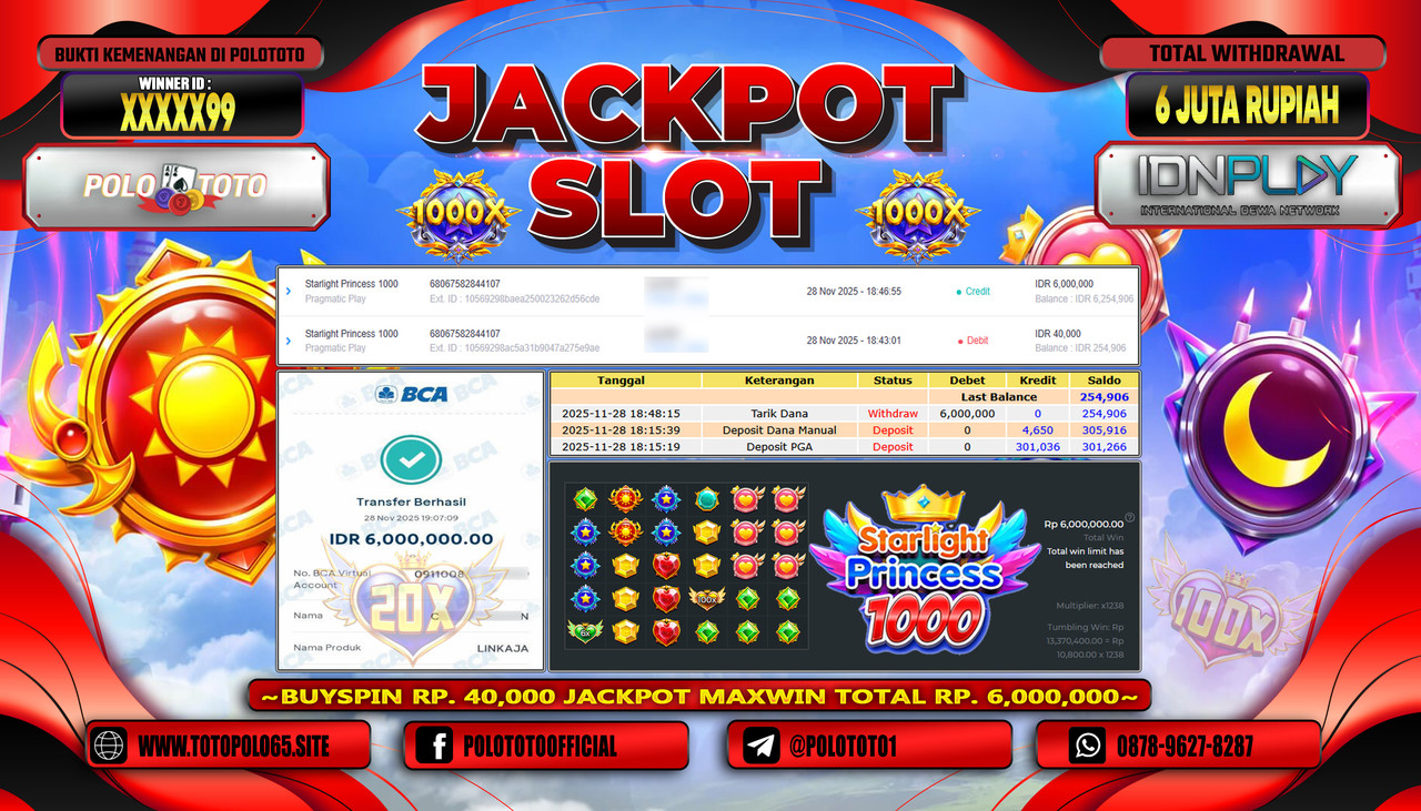 POLOTOTO JACKPOT SLOT STARLIGHT PRINCESS 1000 Rp.6.000.000,- LUNAS