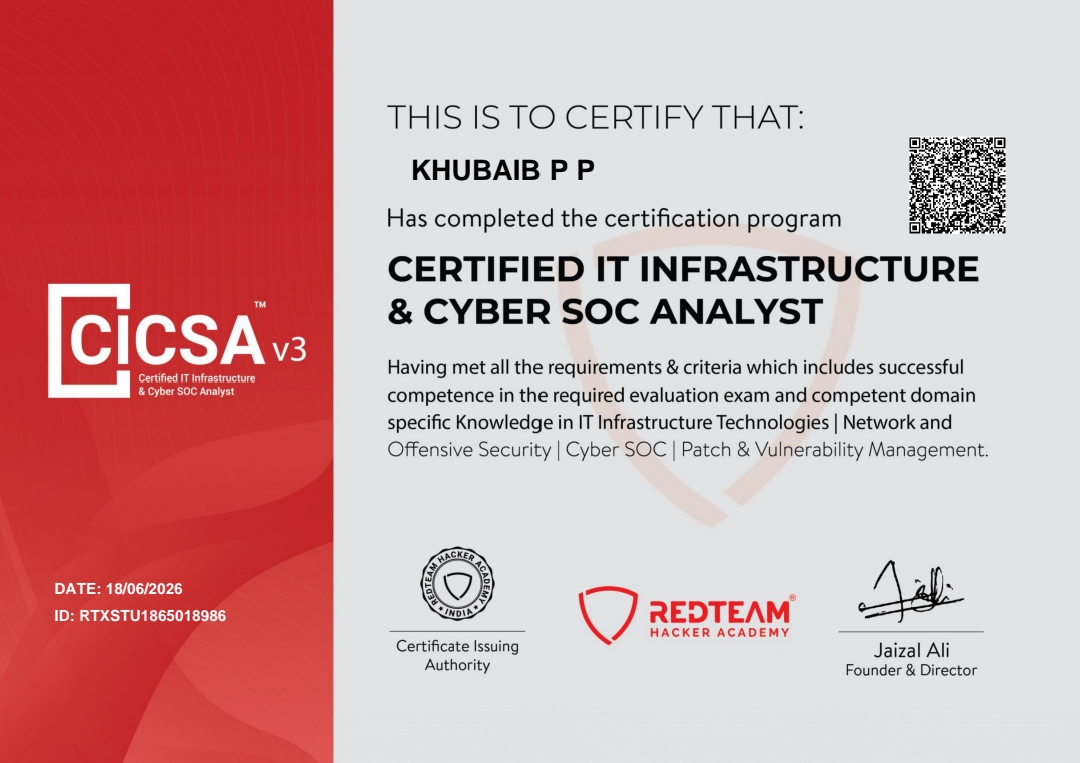 Certified IT Infrastructure & Cyber SOC Analyst (CICSA v3) certificate thumbnail