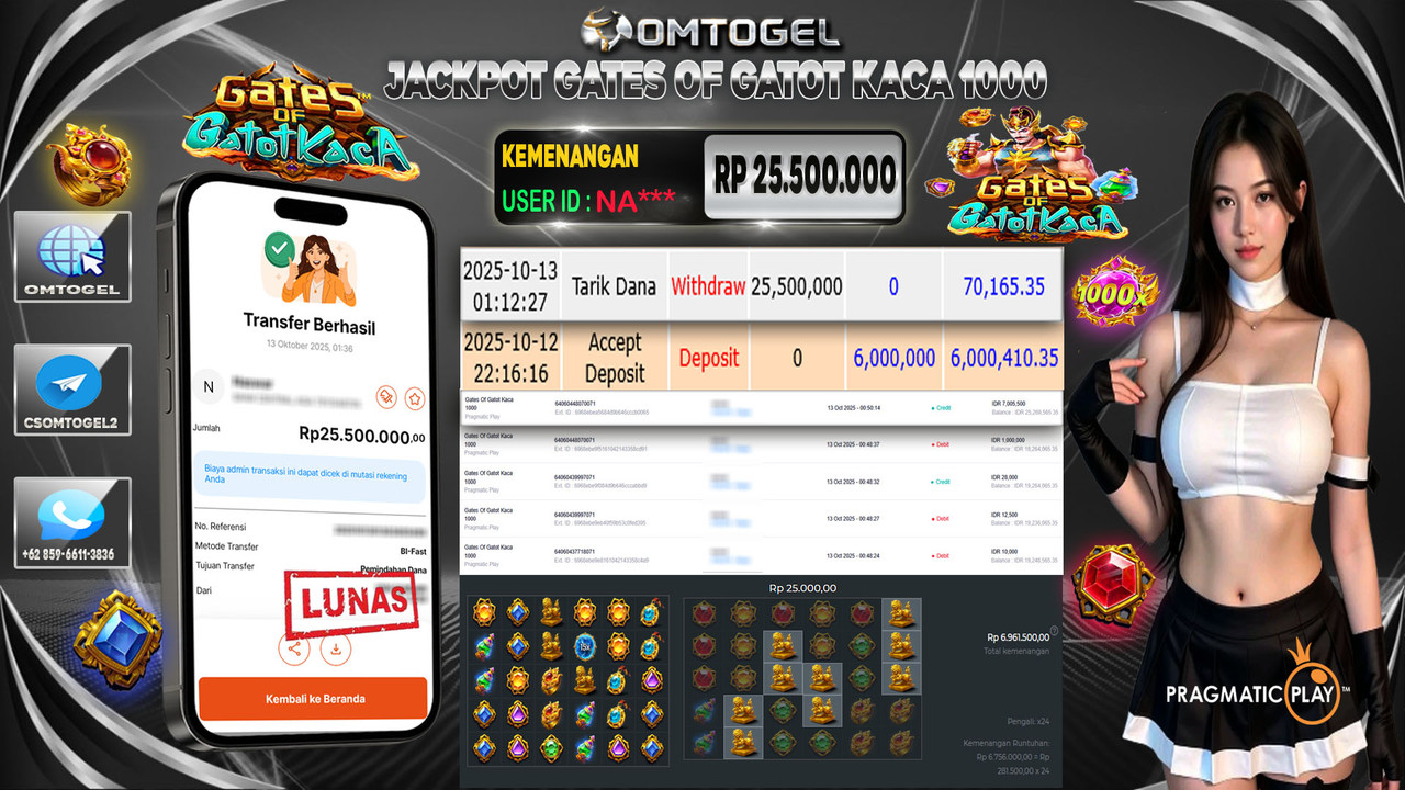 OMTOGEL JACKPOT PRAGMATIC PLAY GATES OF GATOTKACA 1000 25 JUTA DI BAYAR LUNAS ,-