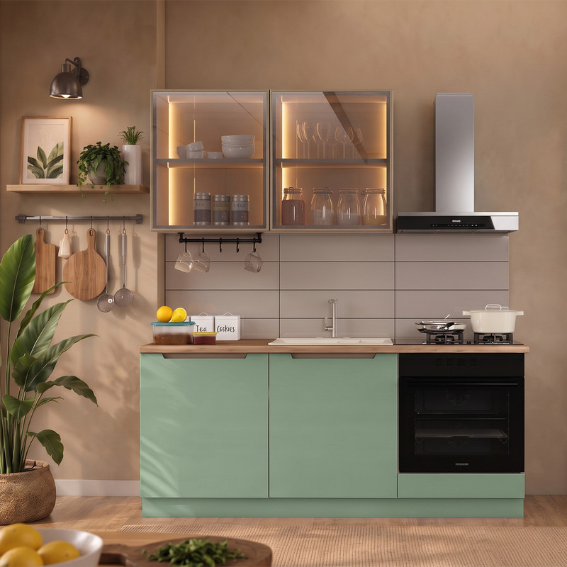 Hera 180 cm Mutfak Dolabı Seti %100 MDF Ledli Fırın Modüllü Lavabolu Raflı Mutfak Dolabı Takımı 5 Modül Tezgah Dahil Yeşil Bej