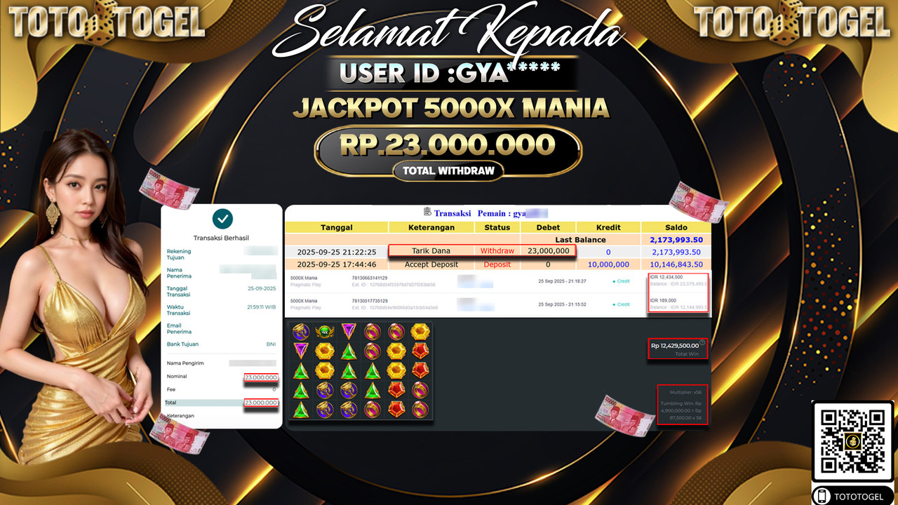 Bukti Pembayaran Jackpot Permainan Slot 5000x Mania ID:GYA*** LUNAS